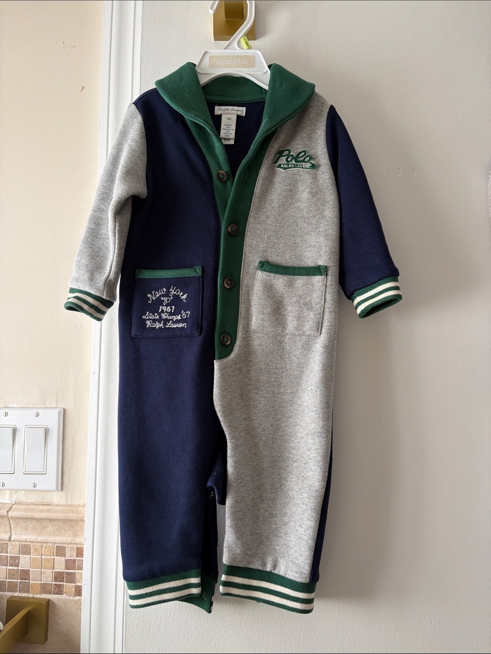 Polo Ralph Lauren Colorblock Hooded Romper - Navy, Gray & Green. 9M baby